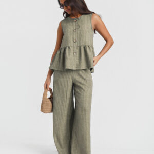 Khaki Stripe Wide Leg Trousers – M