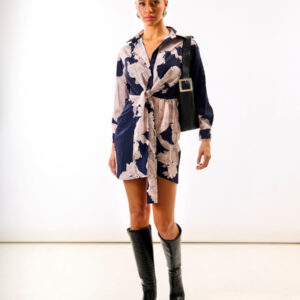 Navy Leaf Tie Front Shirt Dress – 8