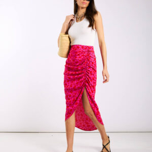 Pink Floral Ruche Side Midi Skirt – 18