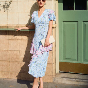 Blue Ditsy Floral Ruffle Mix and Match Midi Dress – 16