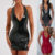 Womens PVC Faux Leather Mini Backless Party Sexy Halter V Neck WET LOOK Dress UK