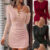 Womens Lace Ribbed Long Sleeve Mini Dress Evening Party Cocktail Ruched Bodycon