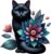 Watercolour Black Cat Flower Wall Art Bedroom Campervan Car Vinyl Sticker Decal