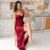 Red Burgundy Satin Corset Cowl Neck Maxi Prom Formal Dress with Slit LaceUp Back