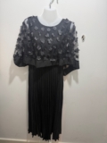 Elegant Black Sheer Floral Overlay Dress with Pleated Skirt – New Without Tags