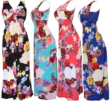 Women’s Deep V-Neck Multi Floral Smocked Waist Summer Sundress Long Dress