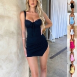 Women Lace Trim Bustier Bodycon Mini Dress Spaghetti Strap Party S-L