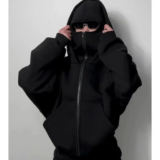 Balaclava Men Zip Hoodie Winter Warm Casual Sweatshirt Y2K with Hooded Face Mask