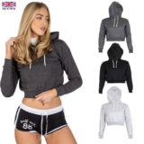 Womens Plain Long-Sleeve Fleece Crop Top Hoodie Casual Sports Yoga Pullover Tops