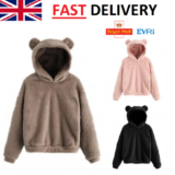 Womens Teddy Fleece Hoodie Bear Ear Fluffy Hooded Sweatshirt Winter Jumper Top