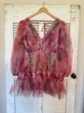 ASOS Dress Lace & Beads balloon sleeve organza mini dress in pink floral Size 14