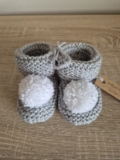 Handknitted Baby Pom Pom Booties Grey And White 0 – 3 Months Baby Gift BNWT
