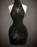 Large Black RHINESTONE SPIDER  Bodycon. Sleek Knit Backless Mini Dress. SCARY!