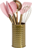 Kitchen Set Tool Crock with Silicone Cooking Utensils, Stainless Steel Whisk and