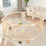 Ulnxiy Wooden Baby Playpen with Montessori Toys, 8-Panel Foldable Wood Play Yard