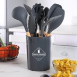 12-Pcs Kitchen Silicone Utensils Set with Heat Resist Wooden Handle Black