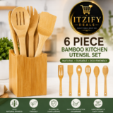 6 Piece Bamboo Kitchen Utensil Set Wooden Spoons & Spatulas Cooking Tools