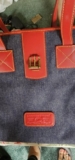 Dooney Bourke Women’s Denim Shopper Tote Red Double Handles Gold Buckle Closure