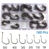 160 Pcs Offset Circle Fishing Hooks/Box – Black High Carbon Steel: Sizes #1-5/0