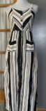 Blush Striped Button Front Midi Dress Sz M Black Tan Pockets Casual Beach Party