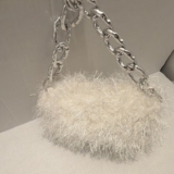 Women’s White Solid Shoulder Bag Silver Chain Strap & Hardware Zip Closure