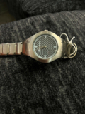 Women’s Silver Tone Oval Analog Wristwatch, Metal Bracelet, Black Dial