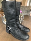 Børn Women’s Black Leather Mid-Calf Biker Boots Round Toe Buckle Studded 8
