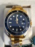 Gold Stainless Steel Submariner Watch, Black Dial Date, Rotating Black Bezel