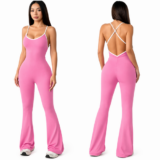 Women’s Flared Leg Jumpsuit – Ribbed Sleeveless Romper with Open Back Jumper