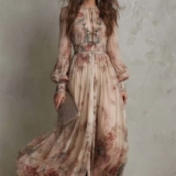 Retro Chiffon Printed Crew-Neck Long-Sleeve Pleated Waist Floral Dress++-