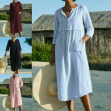New Ladies Italian Lagenlook Panel Insert Scoop Neck 2 Pocket Linen Womens Dress