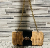 Women’s Tan/Black Woven Wicker Clutch Shoulder Bag Turn Lock Gold Chain Patent