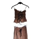 12th Tribe Brown Two Piece Crinkle Skirt Set Sheer Cami Crop Top & Maxi Skirt S