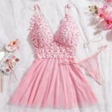 Women’s Pink Floral Lace Babydoll Lingerie Set Sheer Mesh Chemise with Thong