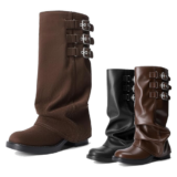 Women Fold-over Knee High Boots Low Heel Wide Calf Slouchy Boot
