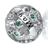 Silver Round Month Name Charm Bead with Coloured Crystal Birthstone 8.9-10mm
