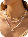 Seashell Starfish Layered Necklace for Women Boho Beaded Shell Charm Pendant Cho