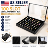 100 Slot Jewelry Display Box Glass Lid Ring Earring Organizer Storage Case Black