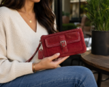Coach Burgundy Suede Leather Wristlet Clutch Wallet Purse Buckle Accent Red