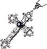 Large Gothic Cross Necklace Silver-Tone Pendant with Black Glass Stone, on 24″ S