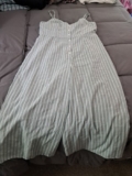 Women’s Summer Jumper. Sz14 Fully Lined. Sage Grn Cream Strips Adjustable Straps