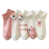 Cute Animal Socks Low Cut Ankle White & Pink Womens Stockings Hosiery 5 Pair Lot