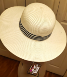 Wilcor Women’s Straw Floppy Hat Wide Brim Striped Ivory/Blue One Size