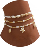 Shell Ankle Bracelet Set for Women, Gold Plated Boho Bead Adjustable Anklet, Haw
