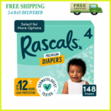 Rascals Premium Baby Diapers Size 4 Super Absorbent 148 Count Mega Box