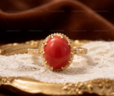 Red Coral  Ring, Brass Gold Alloy , Birthday Gift Her, Women Ring