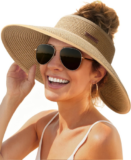 Sun Hats for Women Wide Brim Beach Hat Straw Visor Ponytail Summer UV Packable F