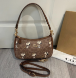 COACH x PEANUTS Teri Shoulder Bag Tan Brown Snoopy Print Signature Canvas CBJ88