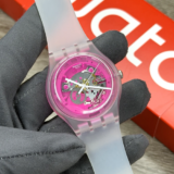 NEW✅SKELETON✅ Swatch Originals PINKMAZING Clear Silicone Women’s Watch SUOK130