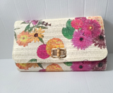 Womens Straw Clutch Purse 11×6 Floral Print Bamboo/Gold Twist Lock Woven Coastal